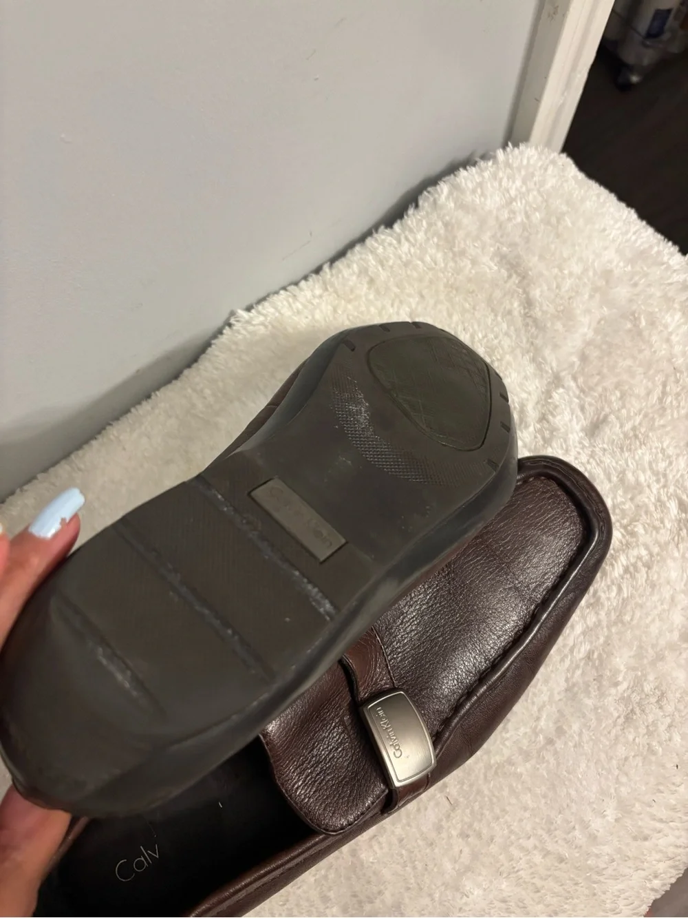 Calvin Klein Men's Dark Brown Leather Slip-Ons with Silver Logo Accent